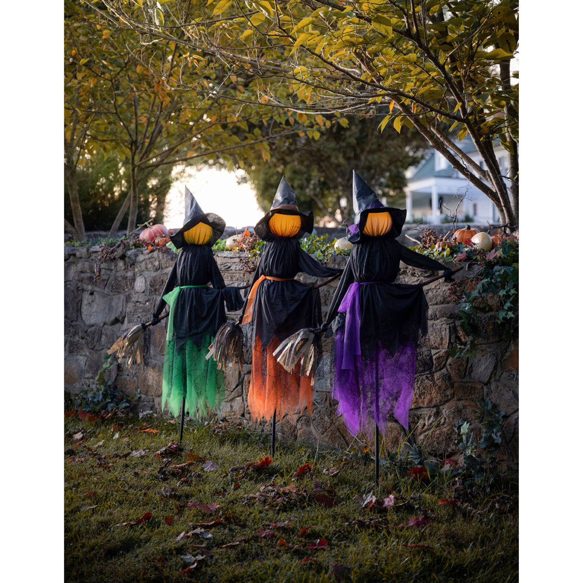 Lighted Halloween Witches on Brooms Stakes, Set of 3