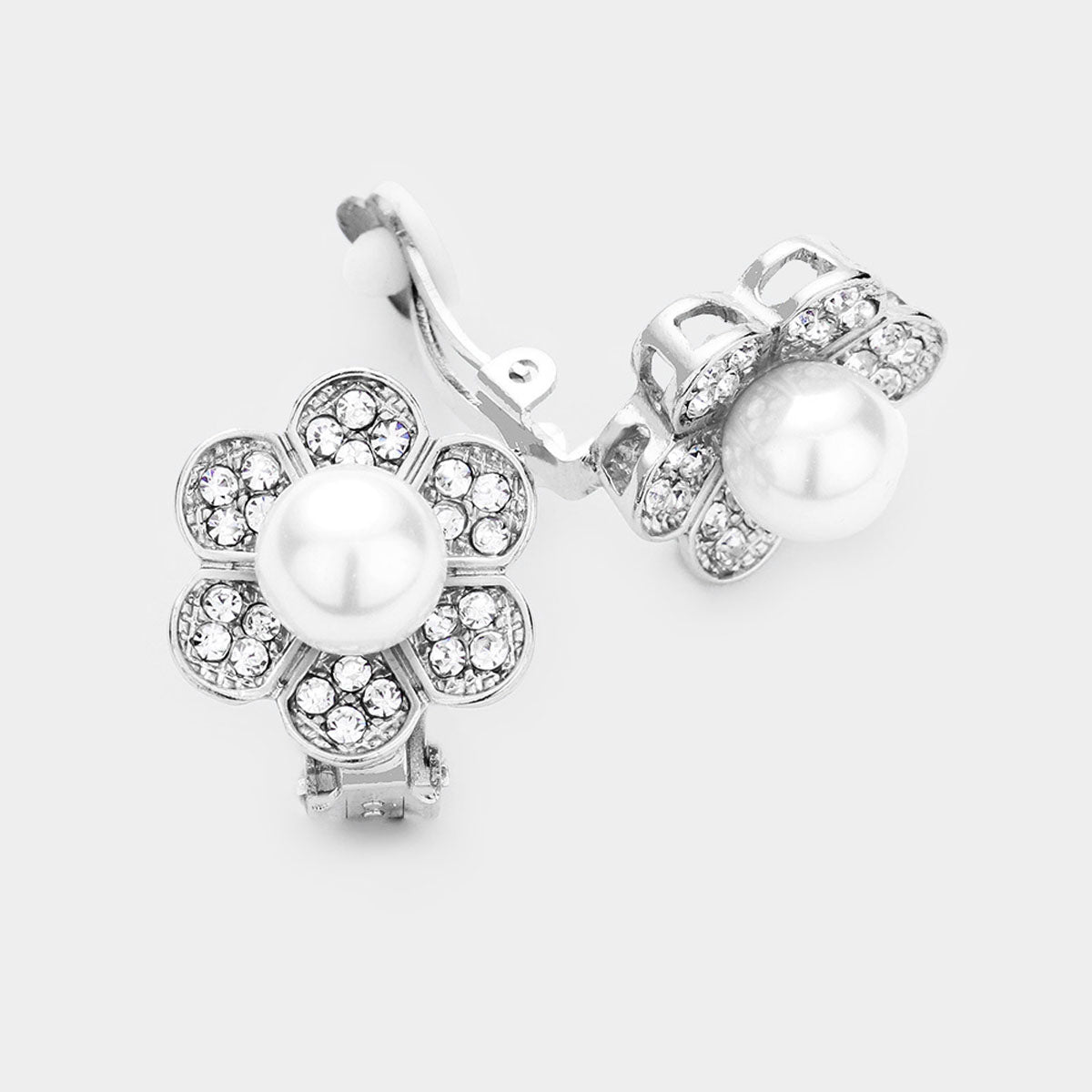 Pearl Centered Crystal Pave Floral Clip On Earrings