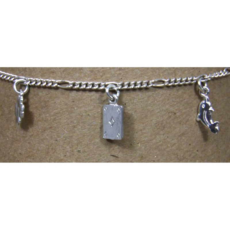 Sterling Silver Chain w/Charms Ankle Bracelet 10