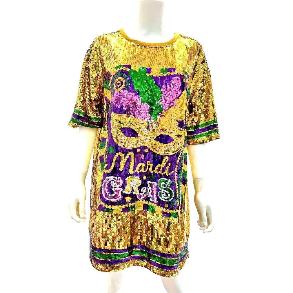 Mardi Gras Sequin T-Shirt Dress w/Mask and Queen Motif