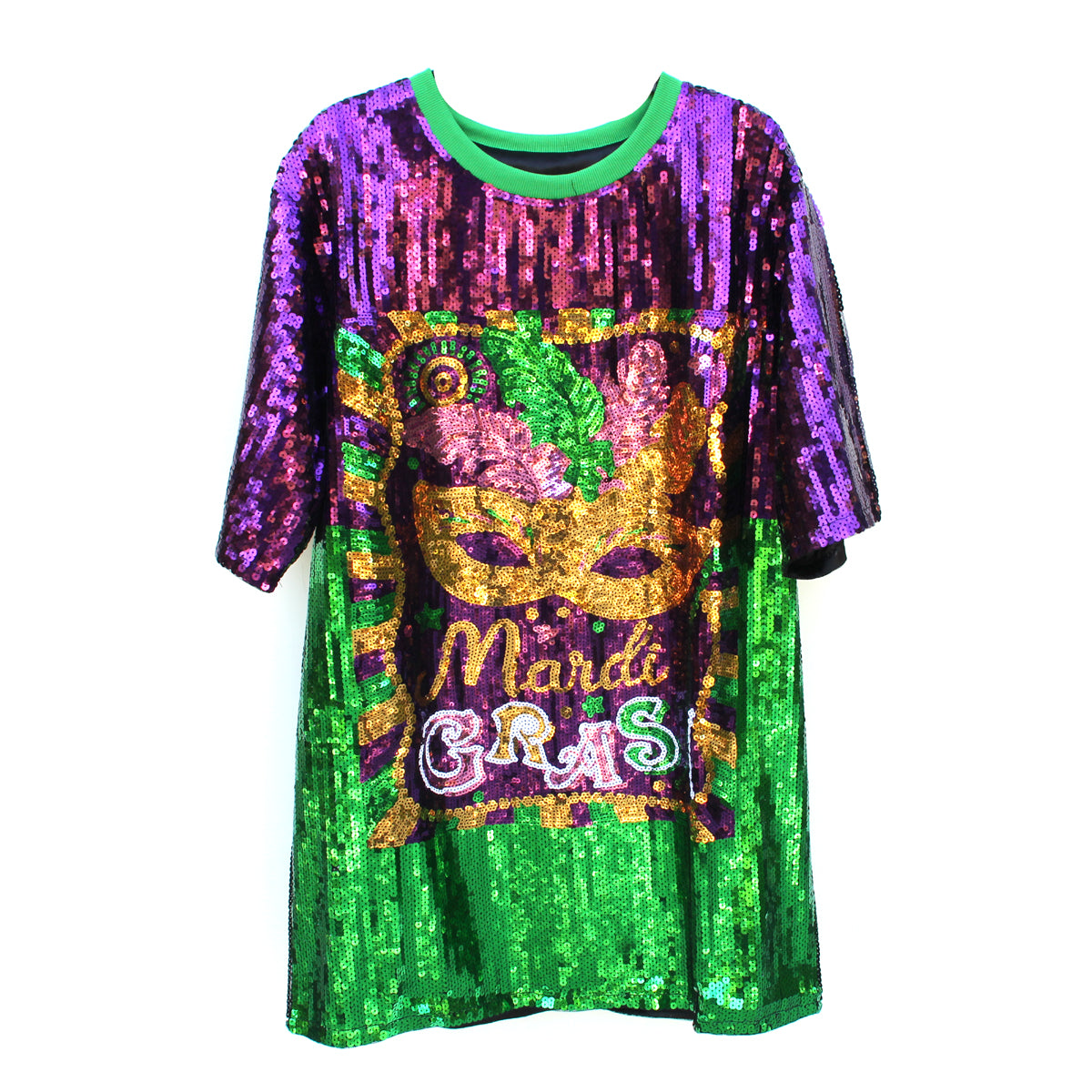 Mardi Gras Sequin T-Shirt Dress w/Mask and Queen Motif