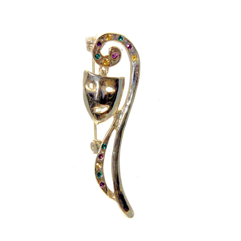 Comedy Mask Pin, Gold with Multicolor Crystals