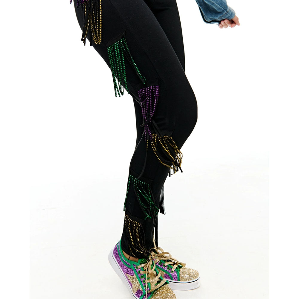 Mardi Gras Rhinestone Tassel Leggings Adult