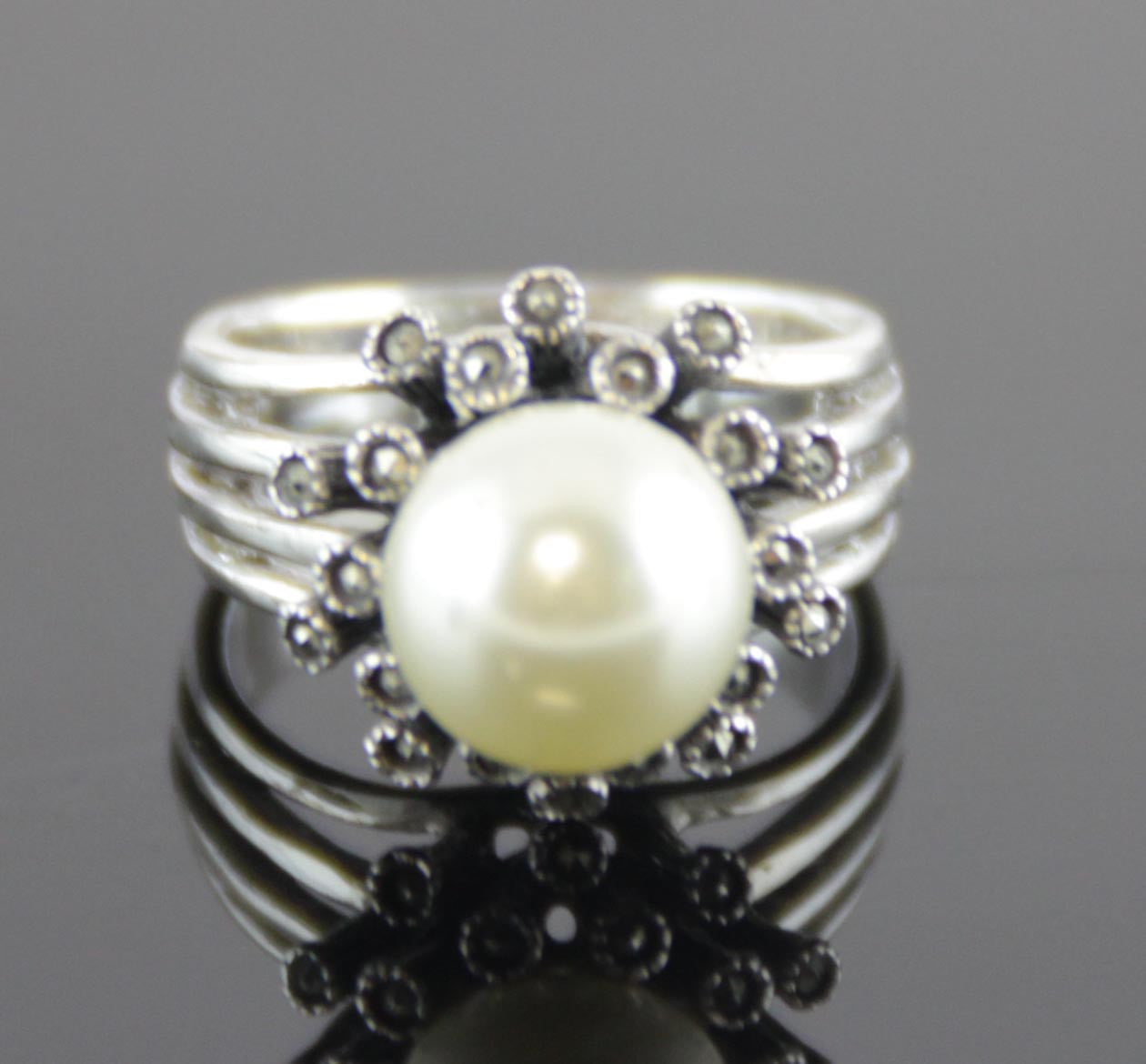 Sterling Silver Pearl Marcasite Ring Size 7