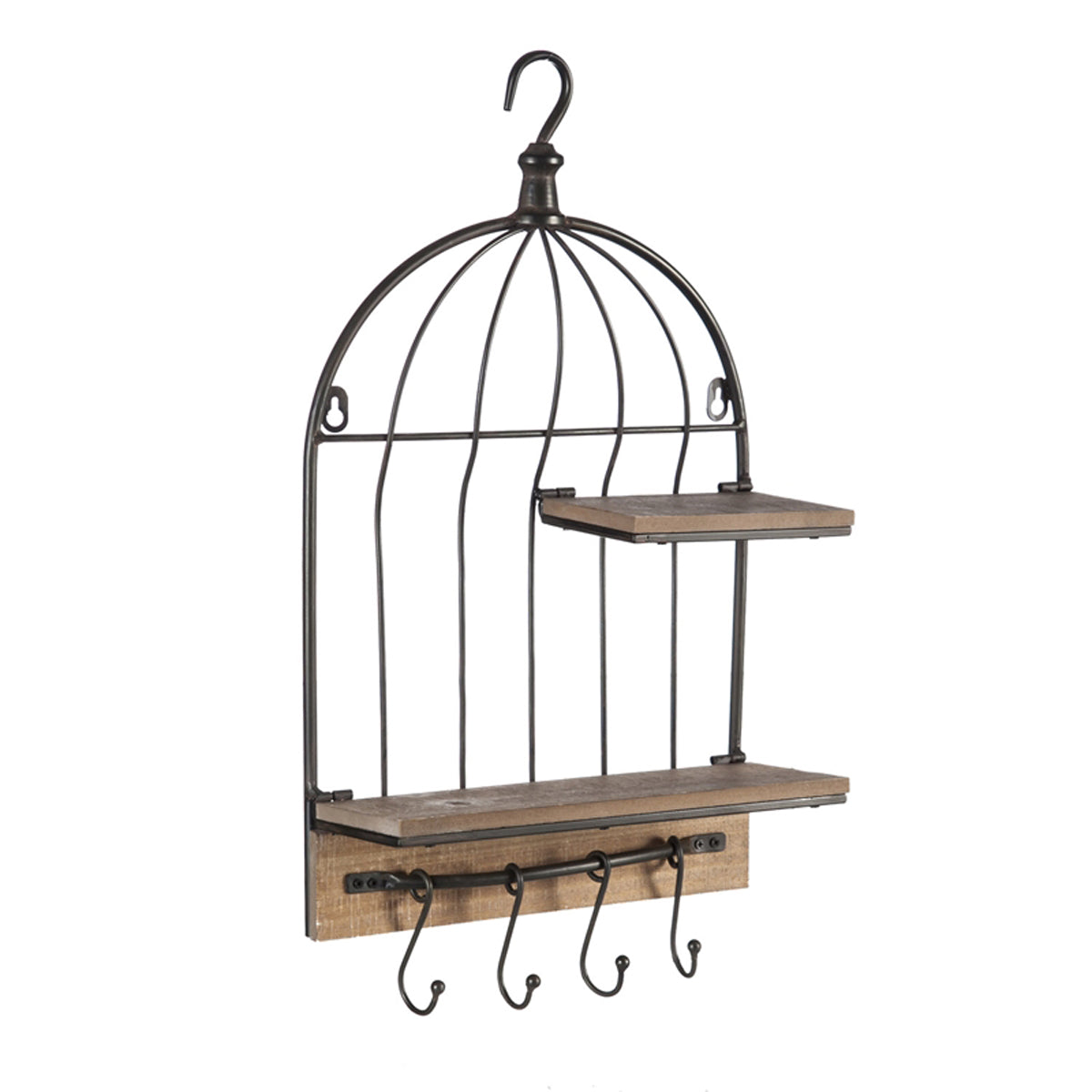Birdcage Metal Wall Décor with Wood Shelves