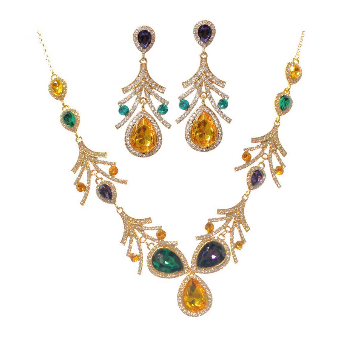 Mardi Gras Peacock Feather Necklace and Earring Set, Gold with Crystals