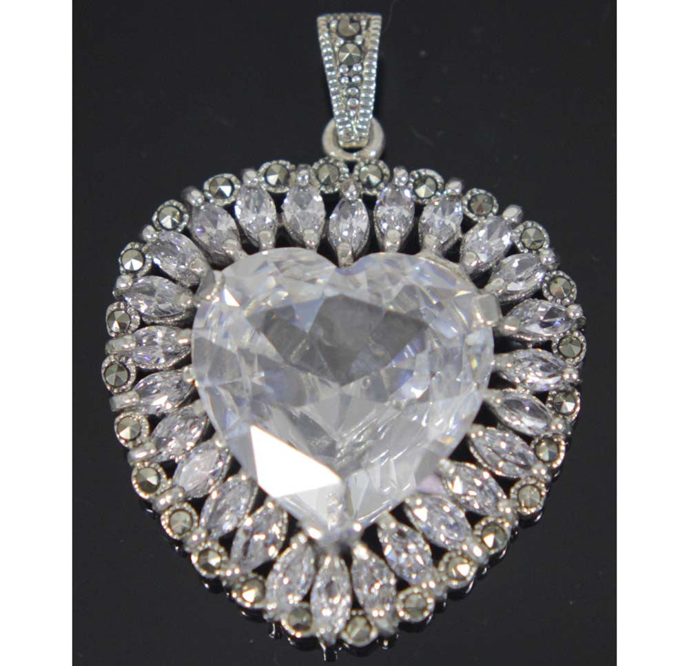 Sterling Silver Pendant Heart Diamond CZ's Marcasite