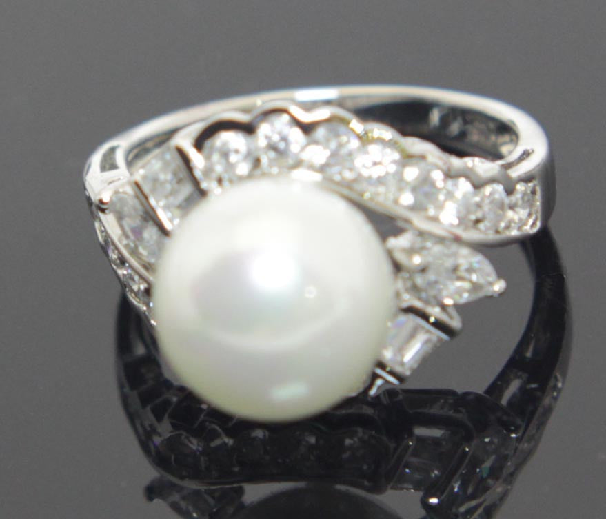 Sterling Silver Pearl  CZ's Ring  Size 7