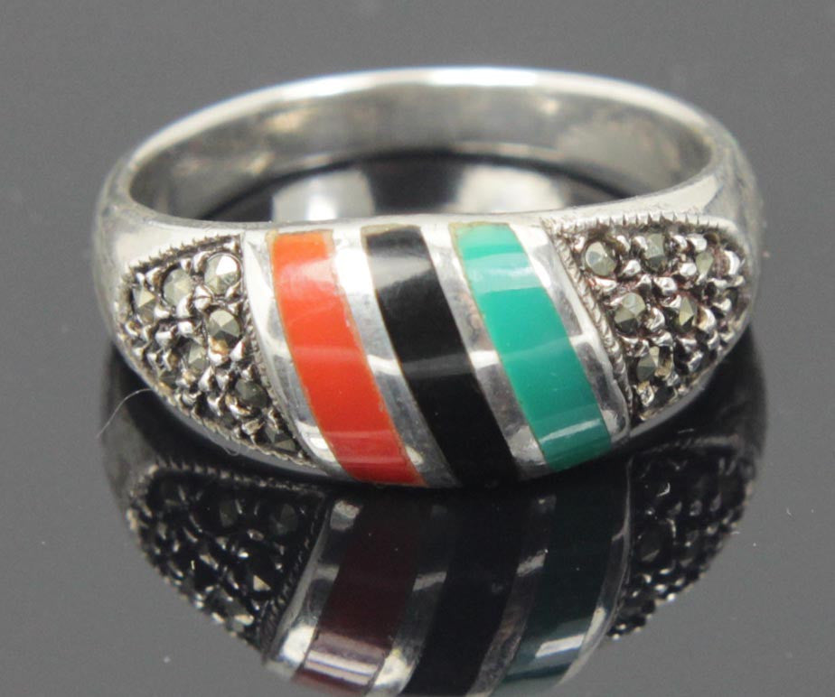 Sterling Silver Multi Color Cabochon Ring Size 8.5