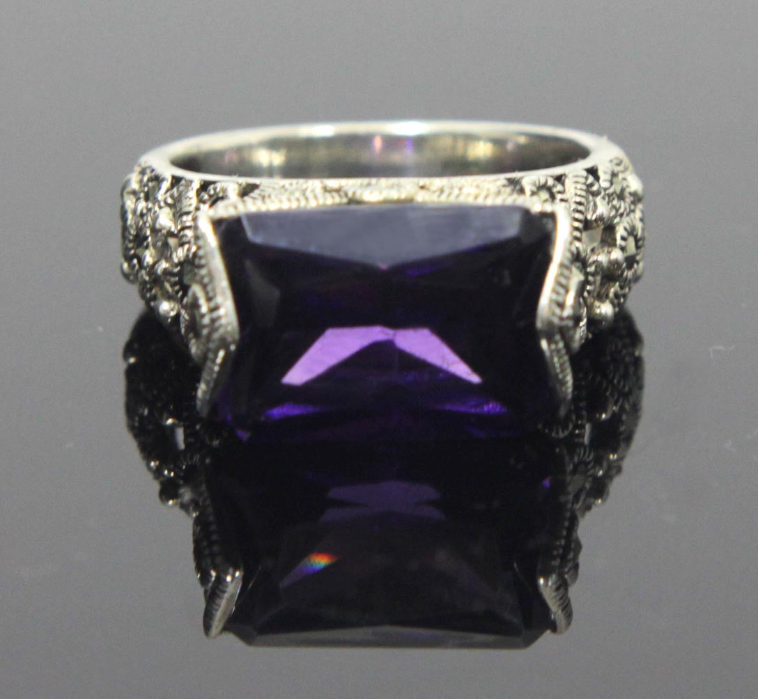 Sterling Silver Amethyst CZ Rectangle Ring Size 8