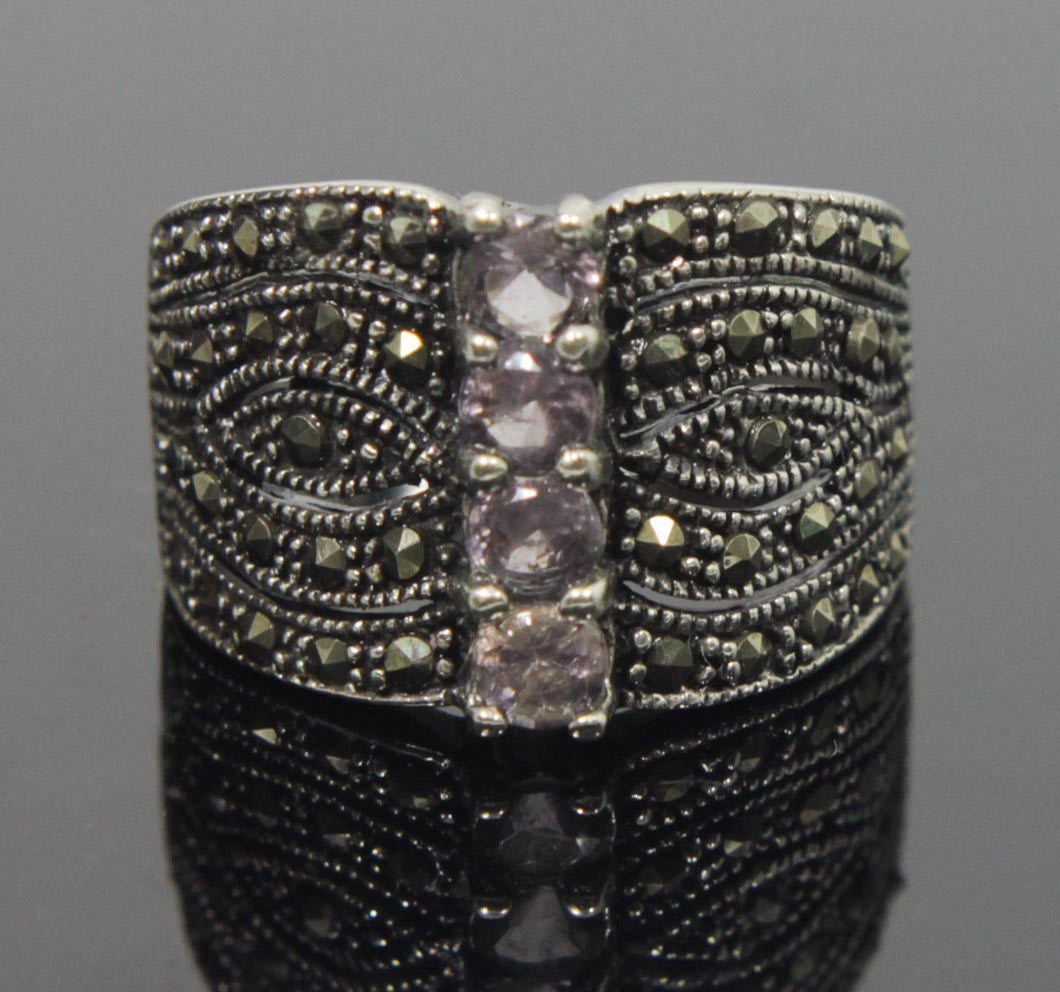 Sterling Silver Amethyst Marcasite Ring Size 8