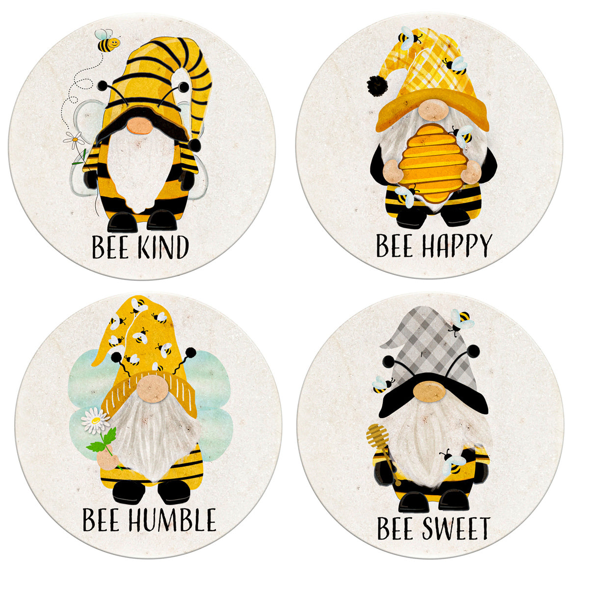 Stone Coaster, Set of 4, Gnomes and Bees Sentiments
