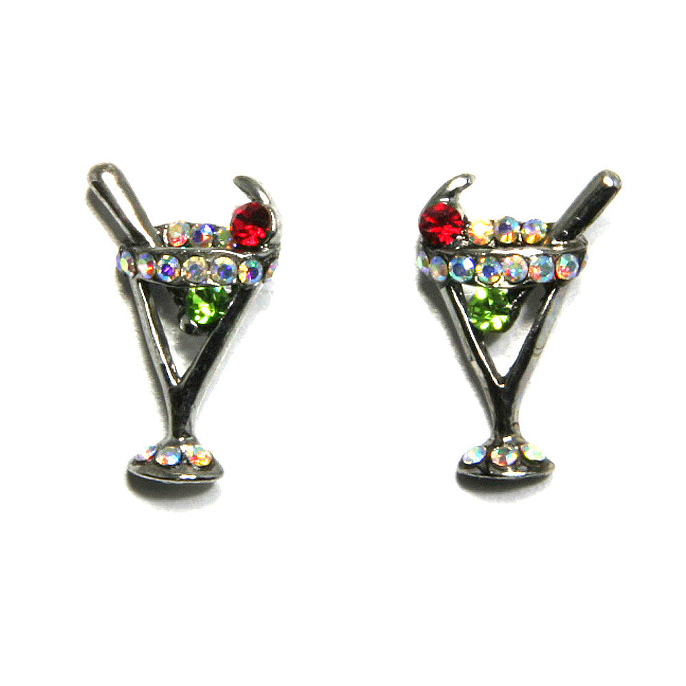 Silver Martini Earrings, Peridot/Aurora Borealis