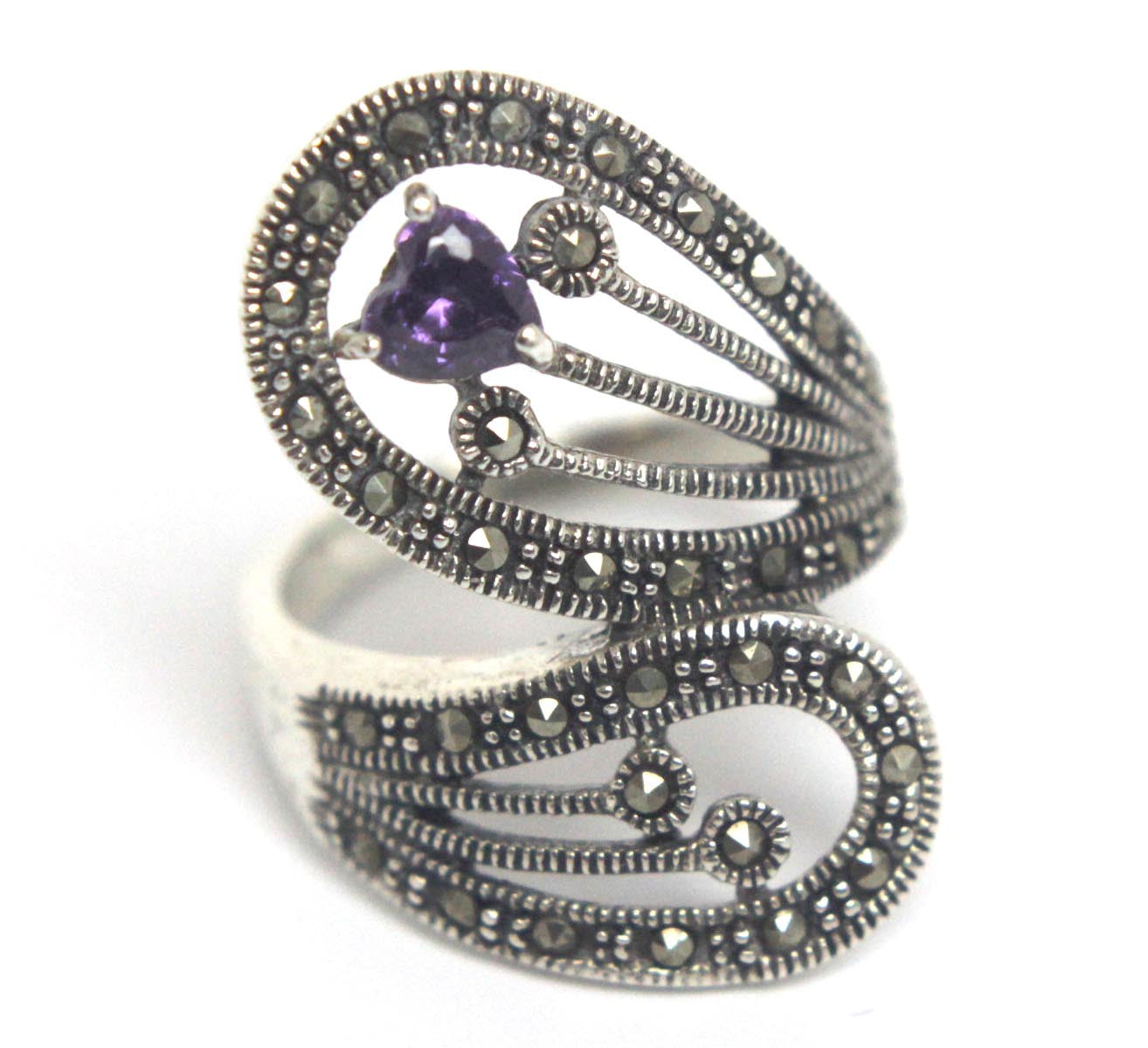 Sterling Silver Amethyst Marcasite Ring Size 8