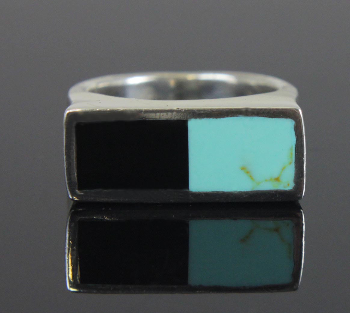 Sterling Silver Turquoise & Onyx Ring Size 8.5