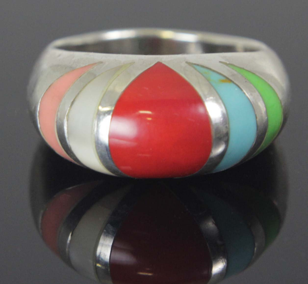 Sterling Silver Coral Pearl Turquoise Ring Size 8.5