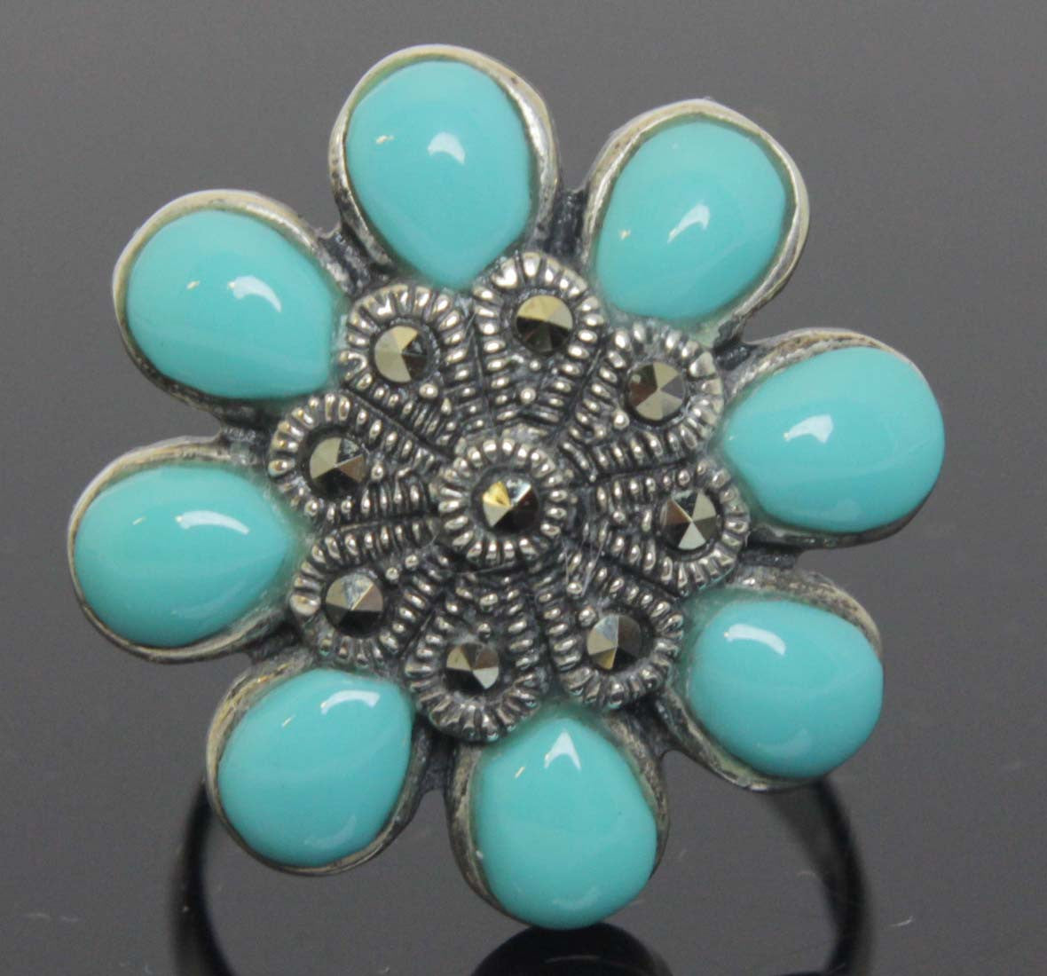 Sterling Silver Turquoise Flower Ring Size 6.5