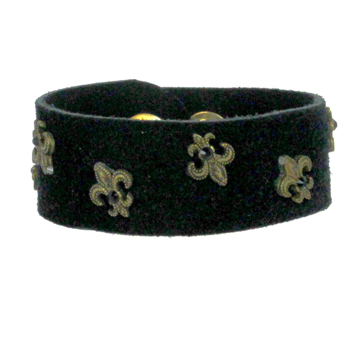 Fleur De Lis Leather Bracelet 1" Black Suede