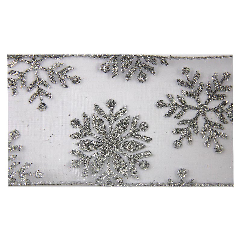 Glittered Ribbon Roll Silver Snowflake
