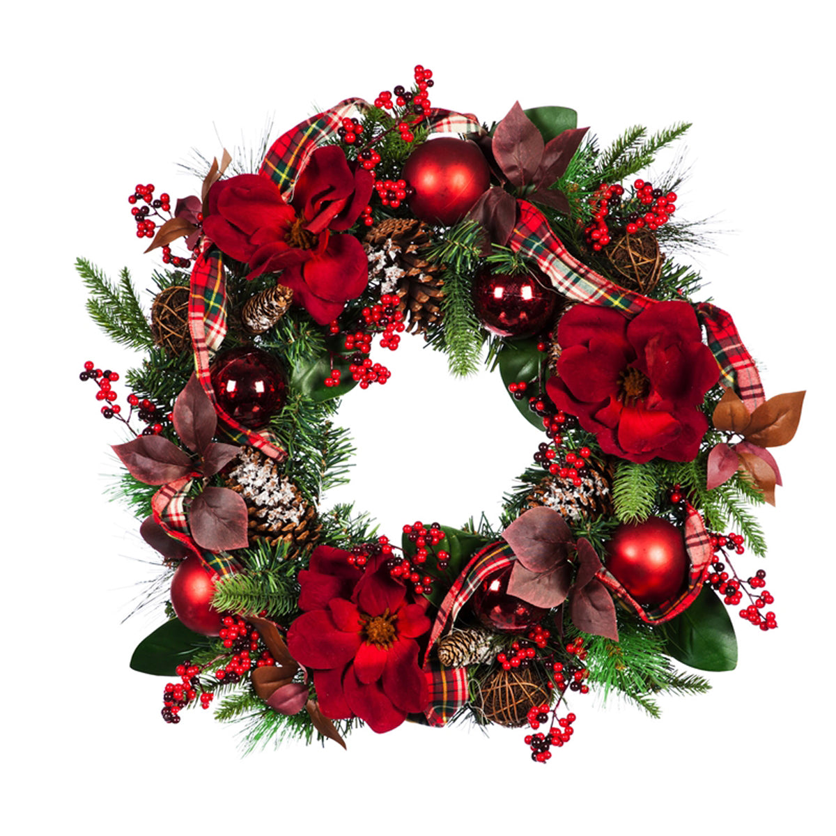 Wreath with Plaid Ribbon, Red Ornaments, Berries, and Pinecone, LED, 24"