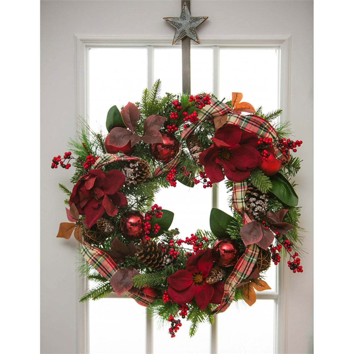 Wreath with Plaid Ribbon, Red Ornaments, Berries, and Pinecone, LED, 24"