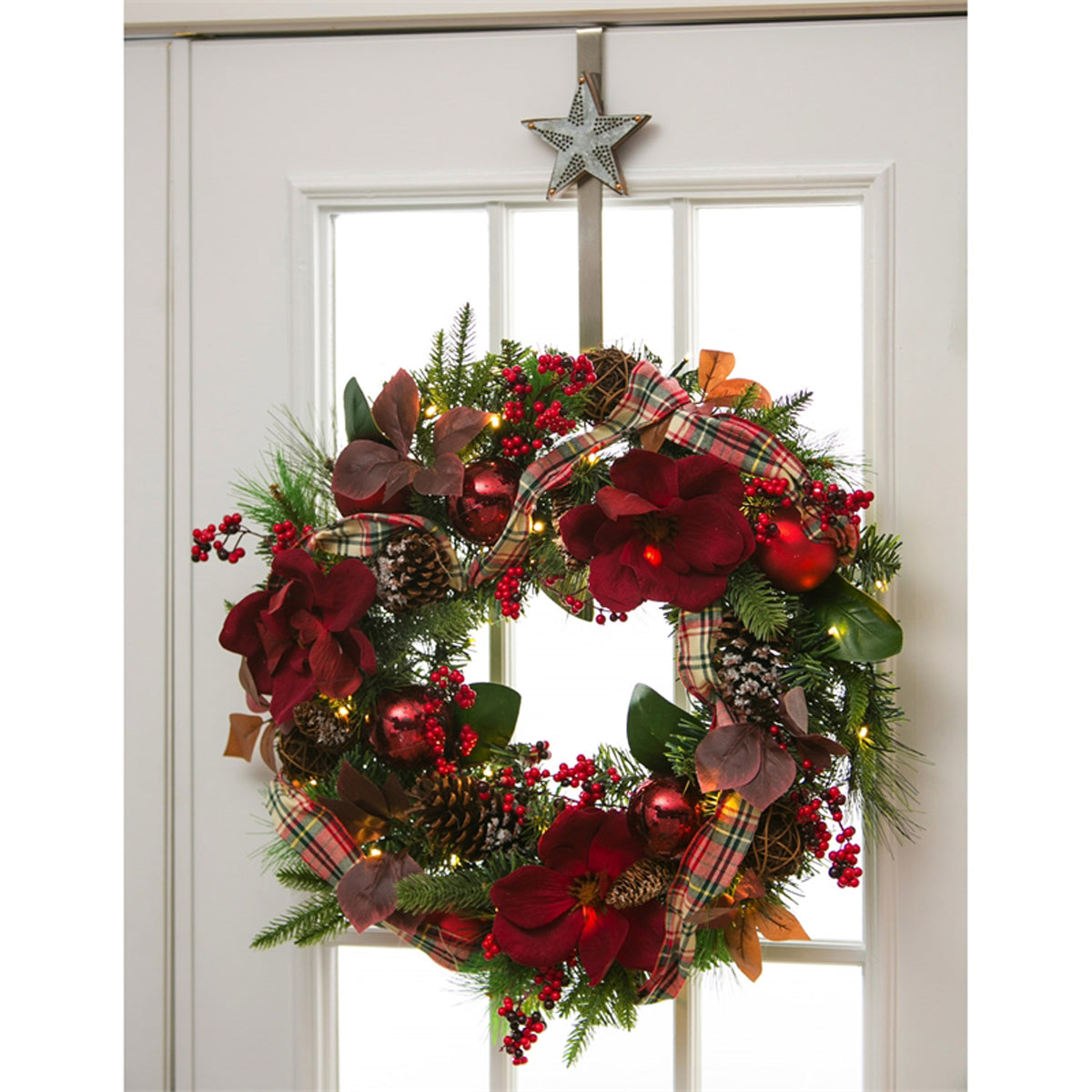 LED Wreath with Plaid Ribbon, Red Ornaments, Berries, and Pine cone 24"