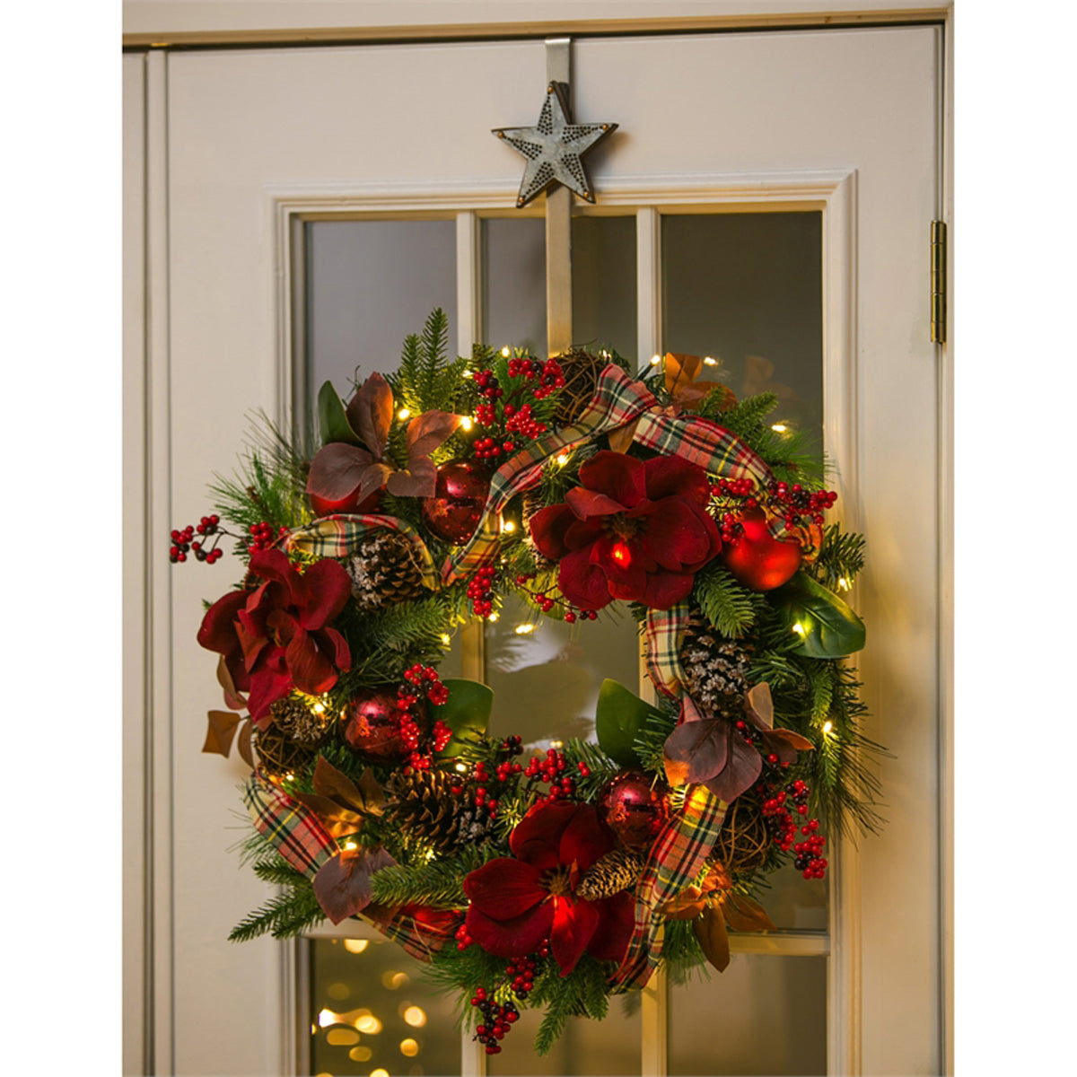 LED Wreath with Plaid Ribbon, Red Ornaments, Berries, and Pine cone 24"