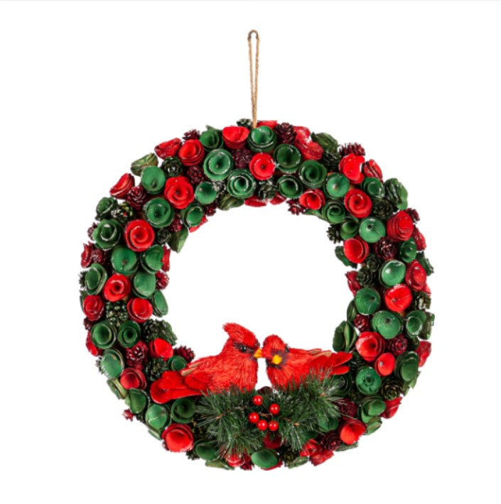 Willow Wood Chip Floral Wreath with Cardinals