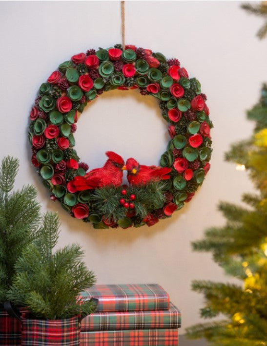 Willow Wood Chip Floral Wreath with Cardinals