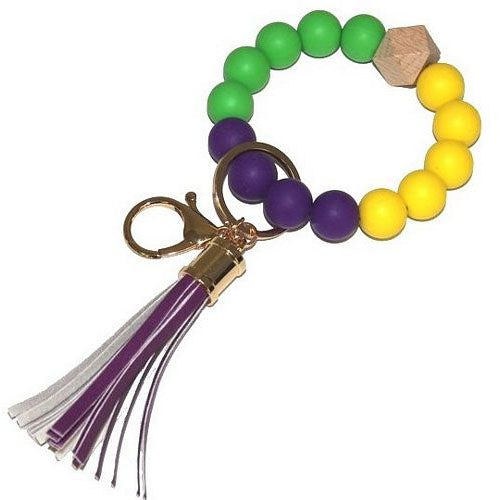 Rainbow Bead & Wood Disc with Tassel Key Chain