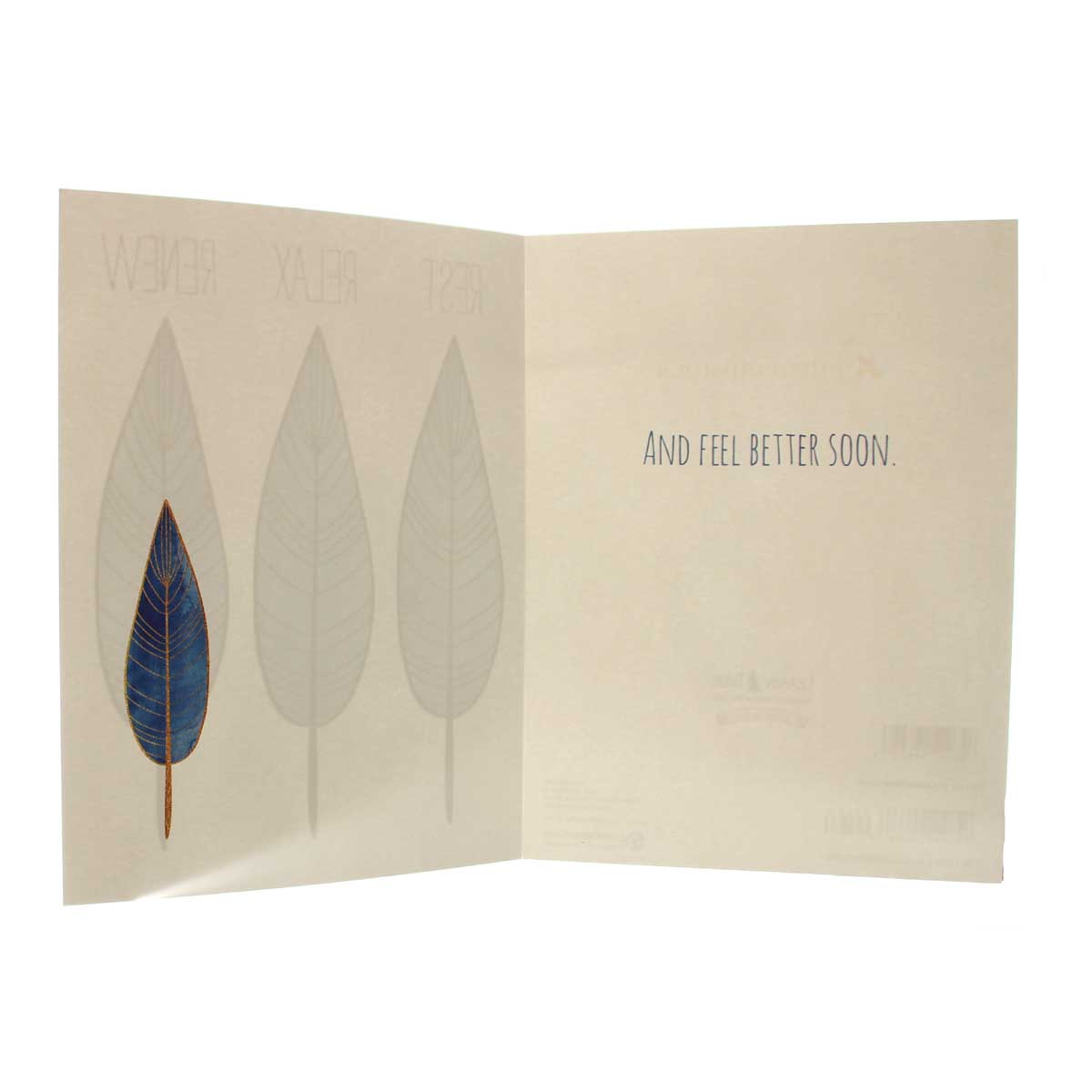 Get Well Card titled REST RELAX RENEW with soft blue and white design and elegant typography