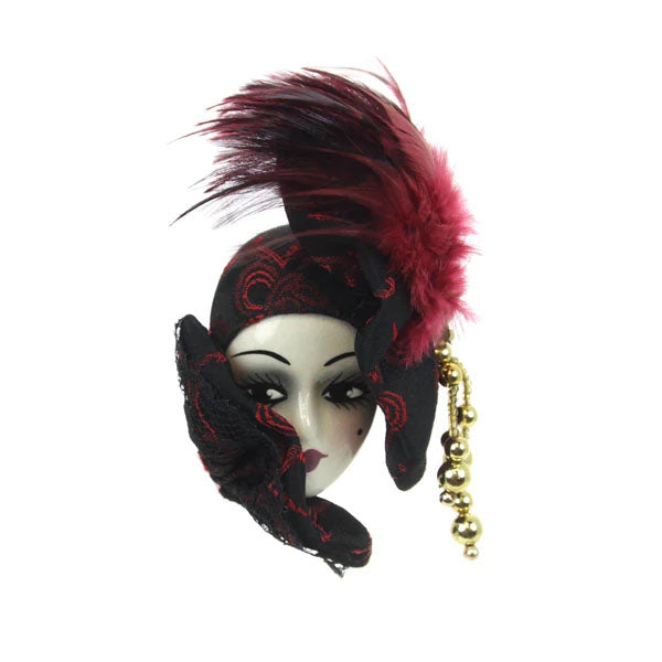 Porcelain Lady Face Pin, Red/Black