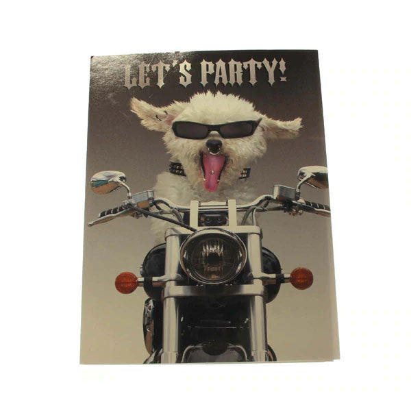 Birthday Card: Let's Party! (image of dog on motorcycle)
