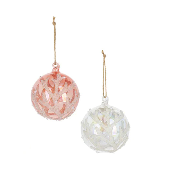 Coral Ball Glass Ornament w/Pearls