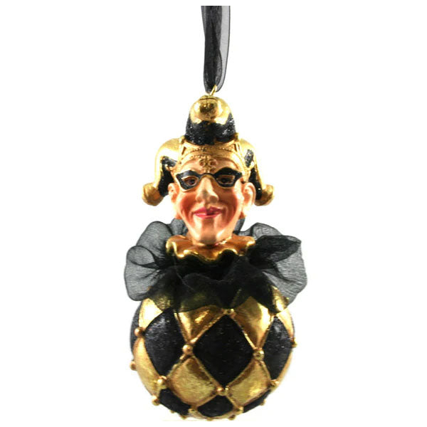 Jester Head on a Harlequin Ball Ornament Black