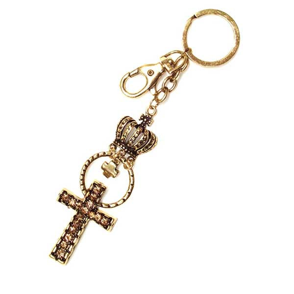 Cross with Crown Keychain Gold
