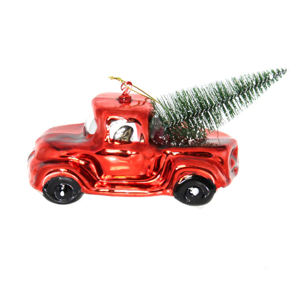 Shiny Vintage Red Pick Up Truck  Christmas Ornament Bringing Home the Tree